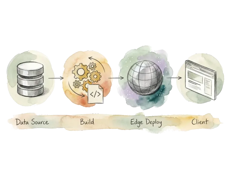 Vierstufige Build-Pipeline: Data Source → Build → Edge Deploy → Client