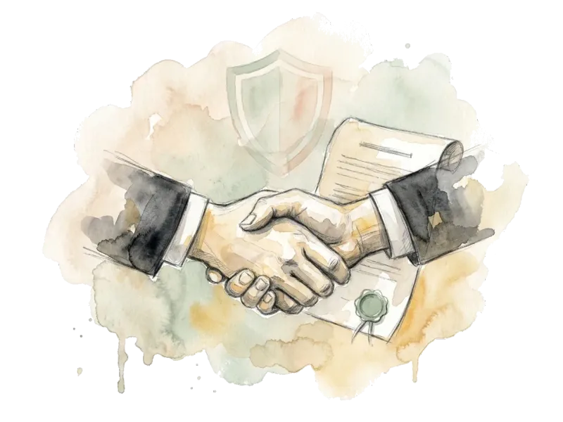 Handschlag mit Vertragsrolle und Siegel im Hintergrund