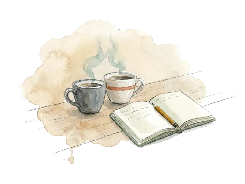 Zwei Kaffeetassen und offenes Notizbuch auf einem Holztisch, ruhiger Moment auf Augenhöhe