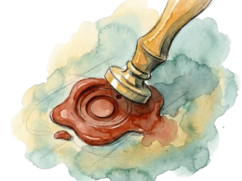 Siegelstempel mit frisch gepresstem Wachssiegel