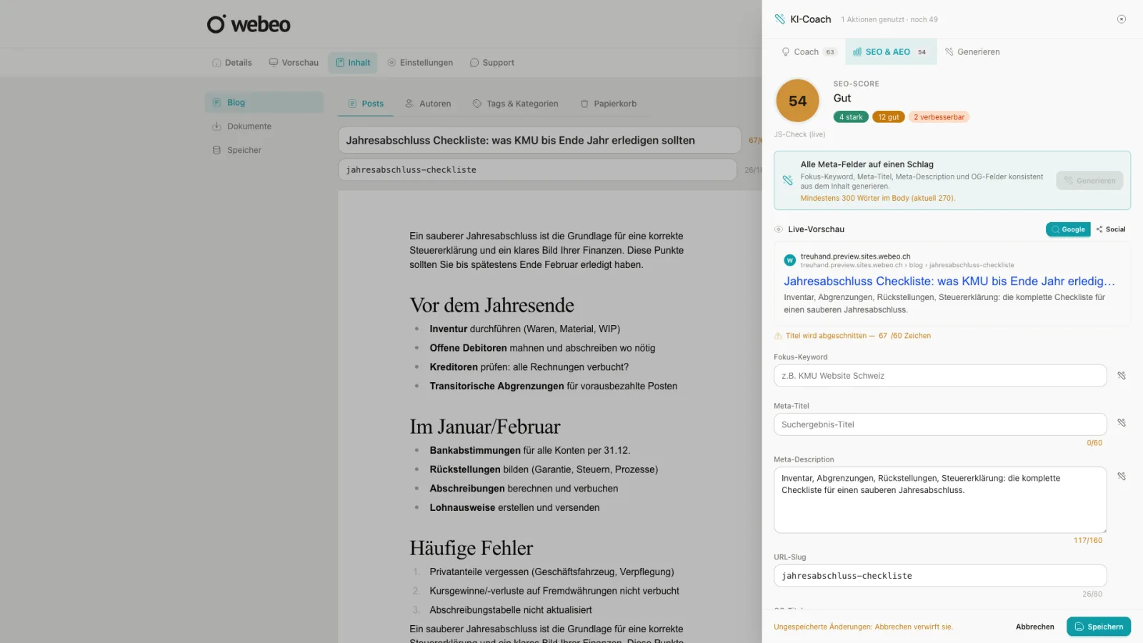 Webeo Cockpit: KI-Coach für Inhalte