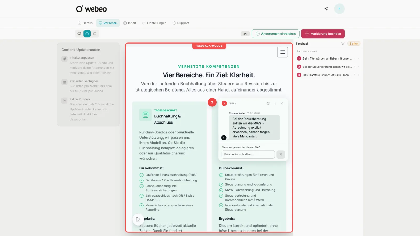Webeo Pin-Review: Pins am Element verankert