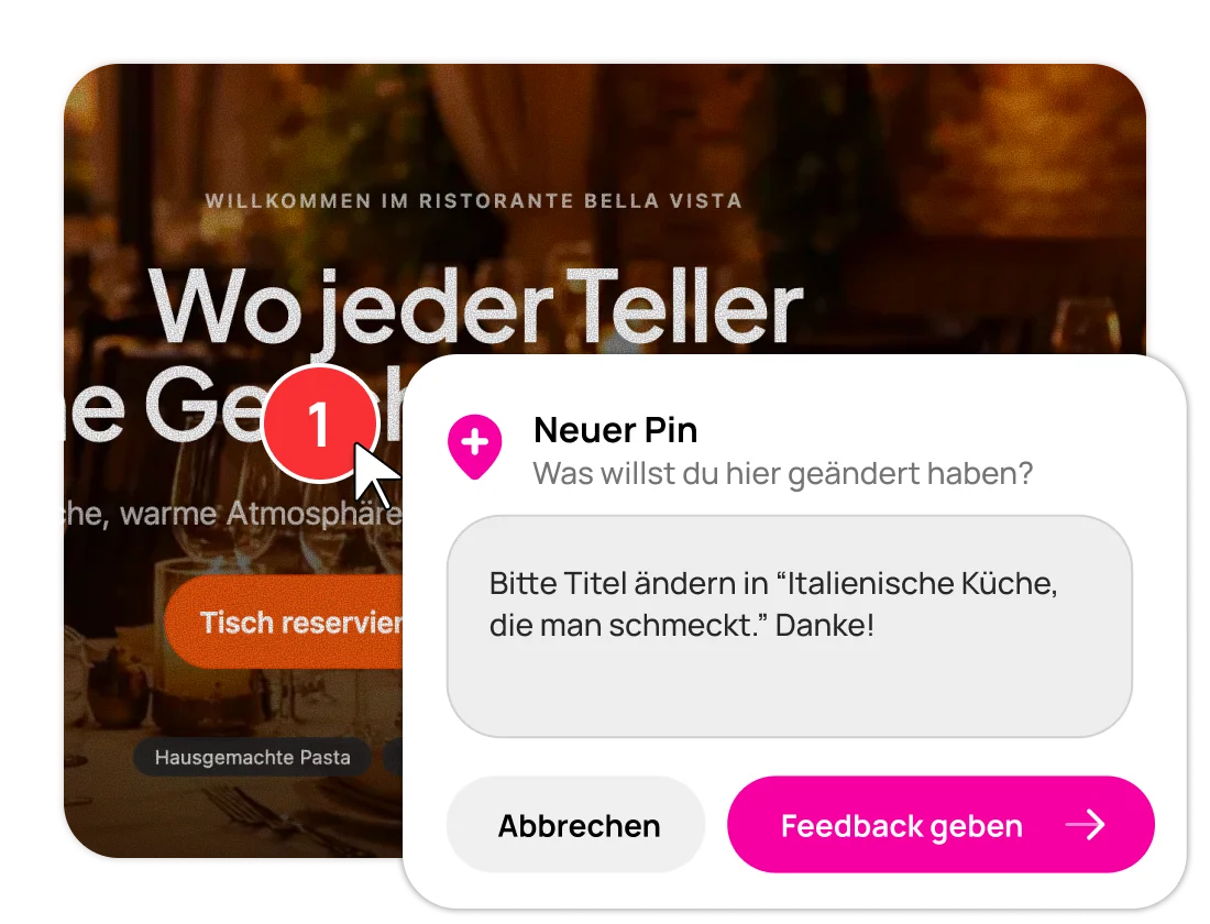Pin-Review in Aktion: nummerierter Pin mit Kommentar direkt auf der Live-Vorschau